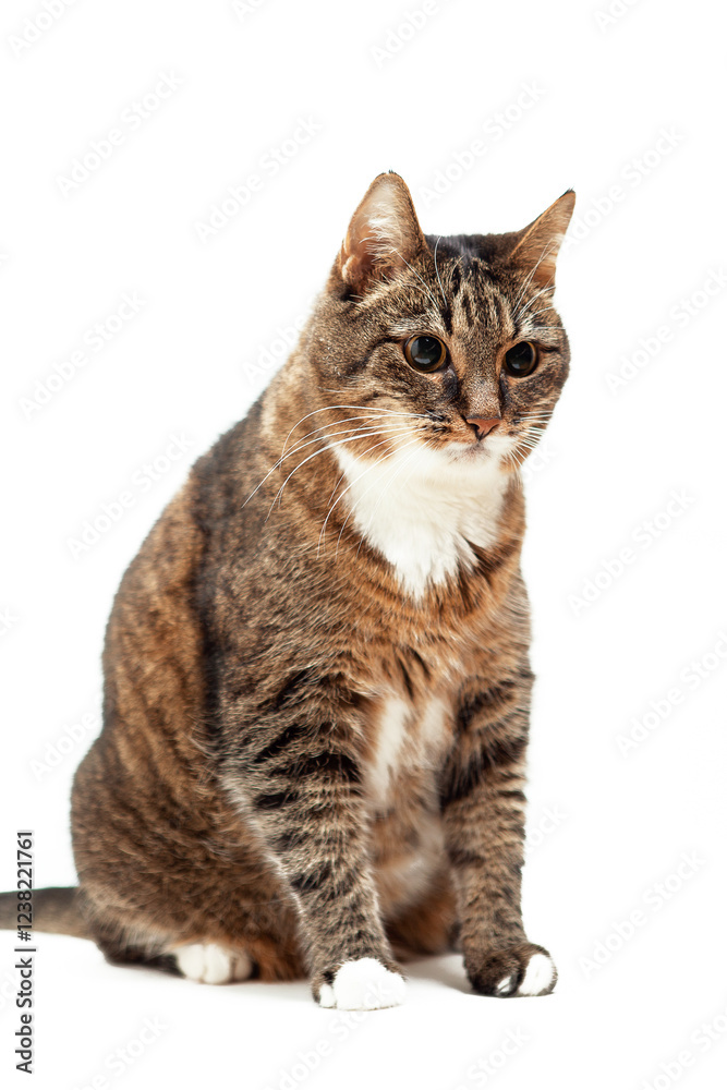 Striped cat isolated on a white background. Studio shot. Portrait of tabby cat Striped cat isolated on a white background. Studio shot. Portrait of tabby cat