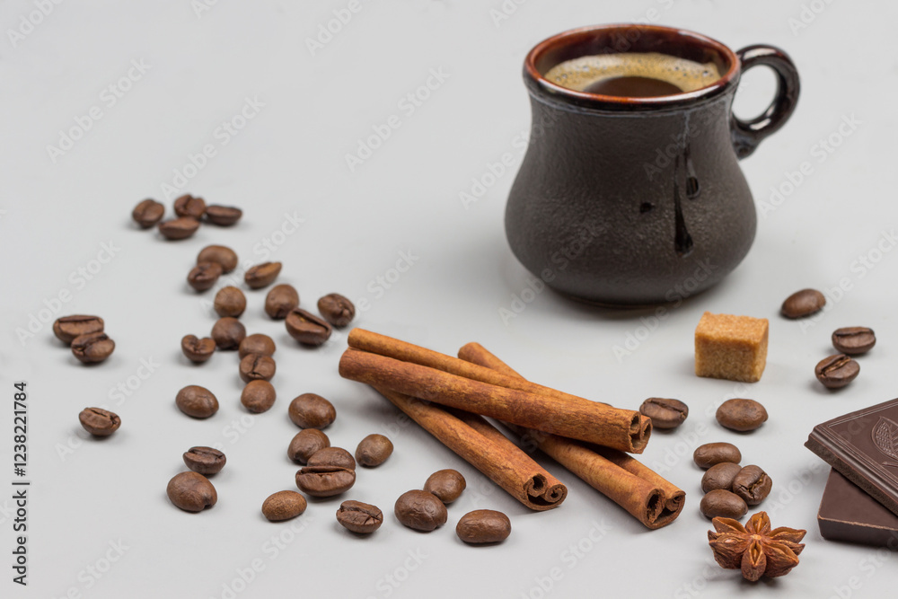 Coffee drink in black cup. Cinnamon sticks, pieces of chocolate and coffee grains on table.