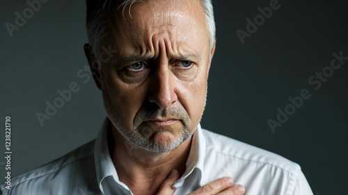 A middle-aged man wearing a white shirt, clutching his chest in pain, standing against a dark, blurred background.