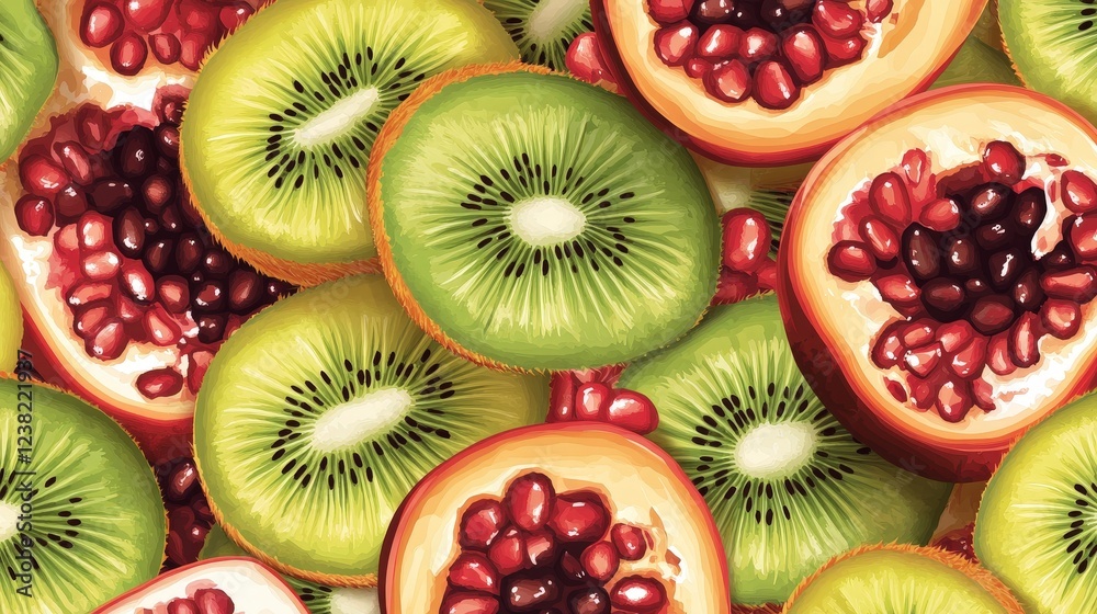 seamless fruit pattern featuring kiwi slices, passion fruit, and pomegranates, creating a vibrant and exotic tropical theme. seamless fruit pattern featuring kiwi slices, passion fruit, and pomegranates, creating a vibrant and exotic tropical theme.