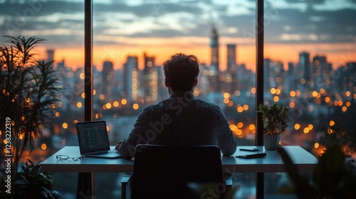Person Working at Desk With City Skyline View During Sunset. Generative AI