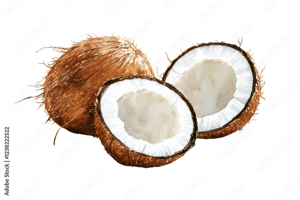 A close-up view of a halved coconut showcasing its fibrous shell and creamy white interior. A close-up view of a halved coconut showcasing its fibrous shell and creamy white interior.