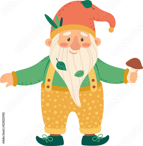 Cheerful garden gnome with a long white beard, playfully adorned with autumn leaves, happily holding a vibrant mushroom, capturing the enchanting charm of fall and folklore