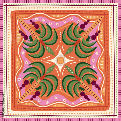 Obraz na płótnie Tropical tile, scarf, square seamless pattern with palm trees, waves, stripes, geometric ornament, ethnic elements, summer vacation print. Cute vector jungle background, textile design, wallpaper. w salonie