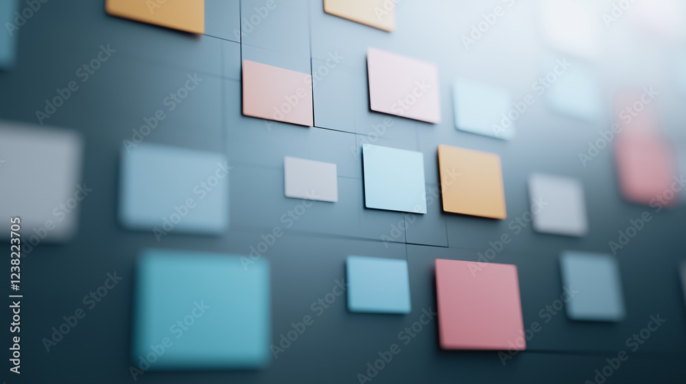 Abstract Blocks: A close-up of a wall of colorful and varied sized abstract blocks arranged in a grid pattern against a dark gray background. The squares have a soft focus and depth. Abstract Blocks: A close-up of a wall of colorful and varied sized abstract blocks arranged in a grid pattern against a dark gray background. The squares have a soft focus and depth.