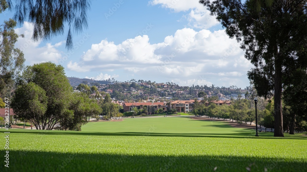 serene afternoon in a city park, with wide green lawns surrounded by trees and gentle hills serene afternoon in a city park, with wide green lawns surrounded by trees and gentle hills
