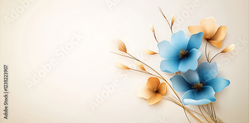 Beautiful abstract floral design featuring blue and gold flowers with delicate stems, creating serene and elegant atmosphere. Perfect for backgrounds or decorative purposes