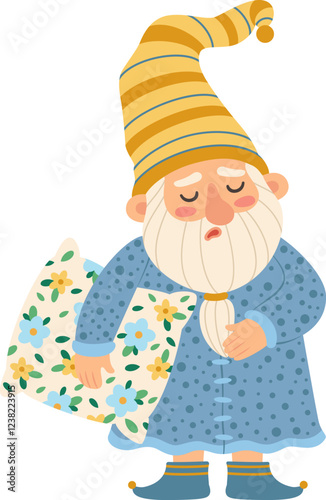 Adorable gnome wearing blue nightgown with flower details and striped nightcap holding pillow, preparing for bedtime, promoting relaxation and good sleep