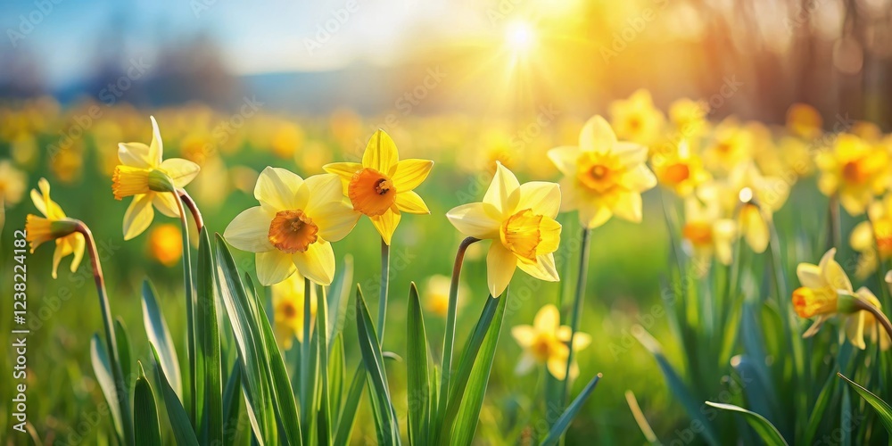 Fototapeta premium Vibrant yellow daffodil flowers sway gently in the breeze amidst a sea of green grass and wildflowers in a picturesque field on a sunny day, spring, yellow