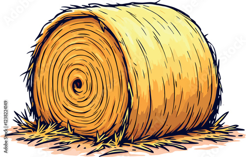 Round bale of hay resting on dry grass in a farm field