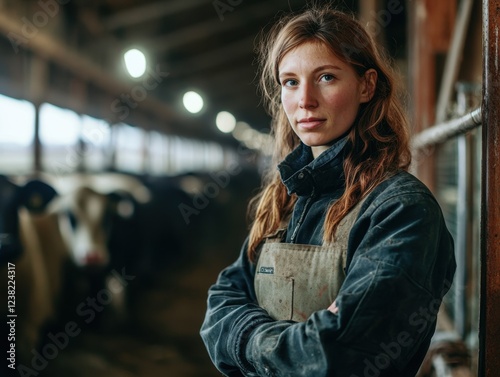 Female worker posing on a cow dairy farm inside a cowshed photo