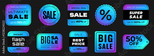 Sale Stickers set. Labels with holographic Neon effect. Shiny Typography Promotion Emblems with gradient. Isolated Vector Illustration