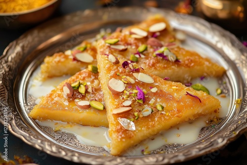 Indian Dessert Shahi Tukda on a Royal Golden Plate with Rabdi, Nuts, and Rose Petals