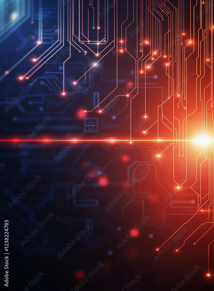Obraz premium Digital circuit design with glowing lines and nodes on dark background, creating futuristic and technological atmosphere