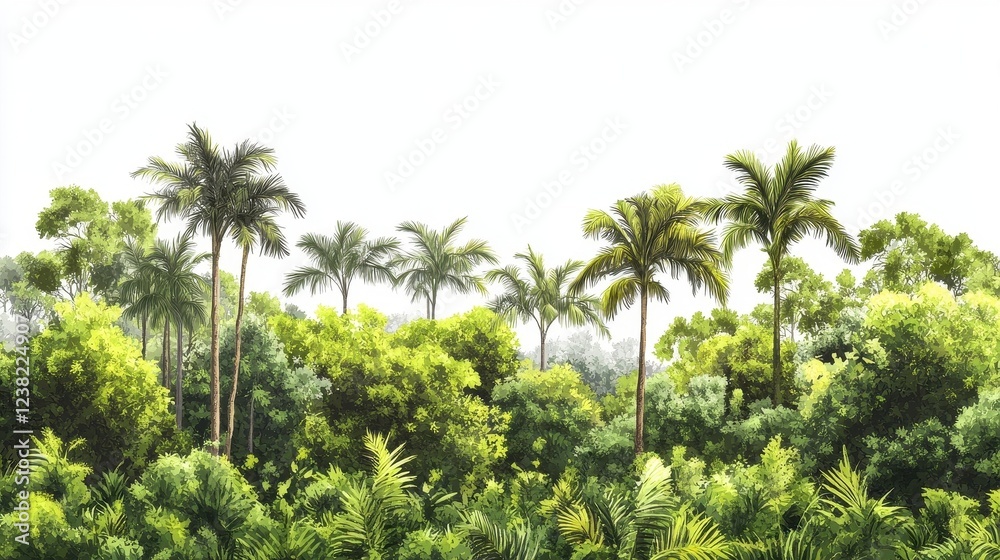 Naklejka premium Lush Tropical Forest with Vibrant Green Foliage and Palm Trees