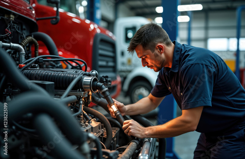 Male auto mechanic inspects large truck engine inside workshop. Works professionally on truck engine repair. Worker examining engine parts closely using lamp. Maintenance, tech service taking place