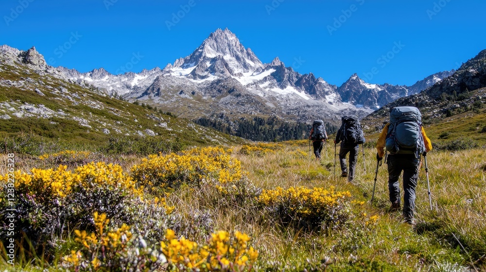Fototapeta premium Hikers trek mountain valley, wildflowers, scenic peak