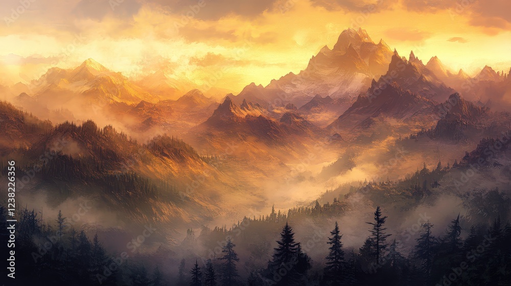 mountain landscape at sunrise, bathed in soft golden light, with mist gently rolling over the peaks, evoking feelings of peace and tranquility. mountain landscape at sunrise, bathed in soft golden light, with mist gently rolling over the peaks, evoking feelings of peace and tranquility.
