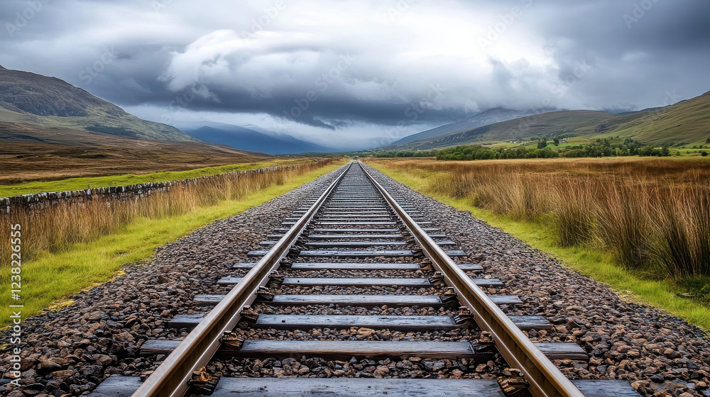 A scenic view of railway tracks stretching through a lush landscape under a cloudy sky. A scenic view of railway tracks stretching through a lush landscape under a cloudy sky.