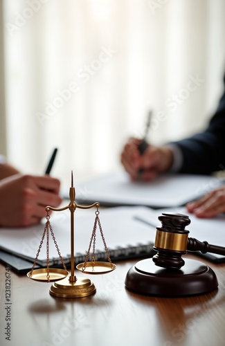 Lawyers work together reviewing documents in courtroom. Legal documents, justice scale on wooden table. Professional team helps clients. Courtroom setting. Legal advice process. Focused photo