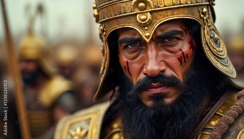 Close-up view of Persian warrior. Elite soldier in golden helmet. Ancient warrior has serious face expression and a long beard. Historical military apparel. Ancient Persia. War hero. Conquest scene. Close-up view of Persian warrior. Elite soldier in golden helmet. Ancient warrior has serious face expression and a long beard. Historical military apparel. Ancient Persia. War hero. Conquest scene.
