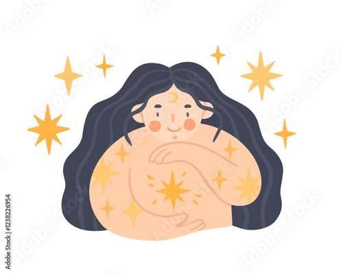 Witch. Cartoon vector illustration of woman with stars isolated on white background. Body positive. 