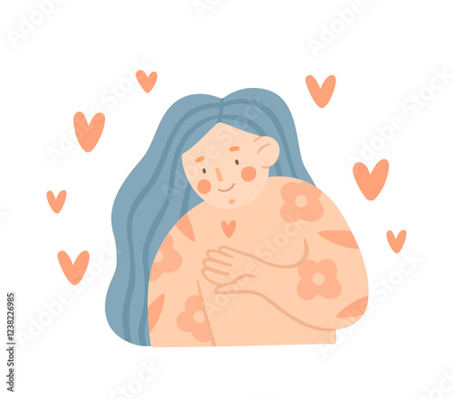 Self care. Body positive. Woman love her body about herself. Vector cartoon illustration in flat style. 