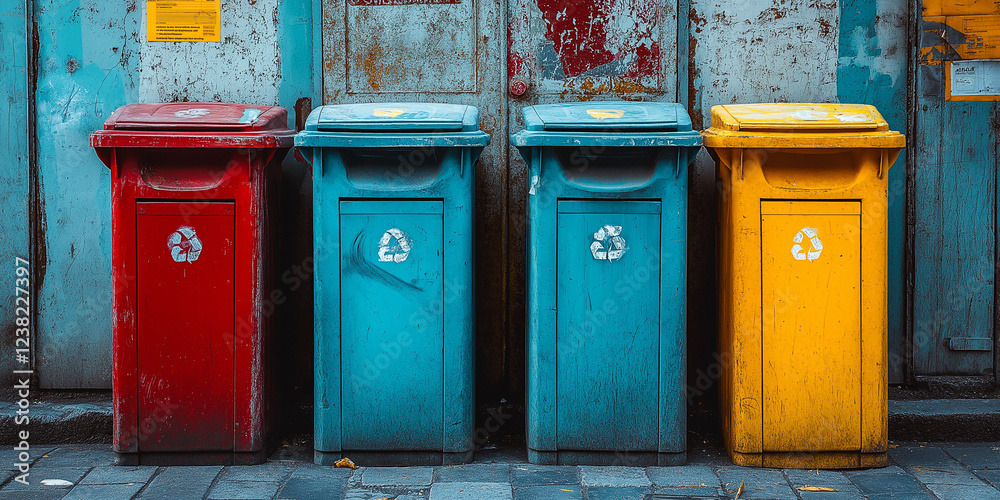 Recycling revolution colorful trash bins urban environment street photography city life eye-level viewpoint waste management awareness Recycling revolution colorful trash bins urban environment street photography city life eye-level viewpoint waste management awareness
