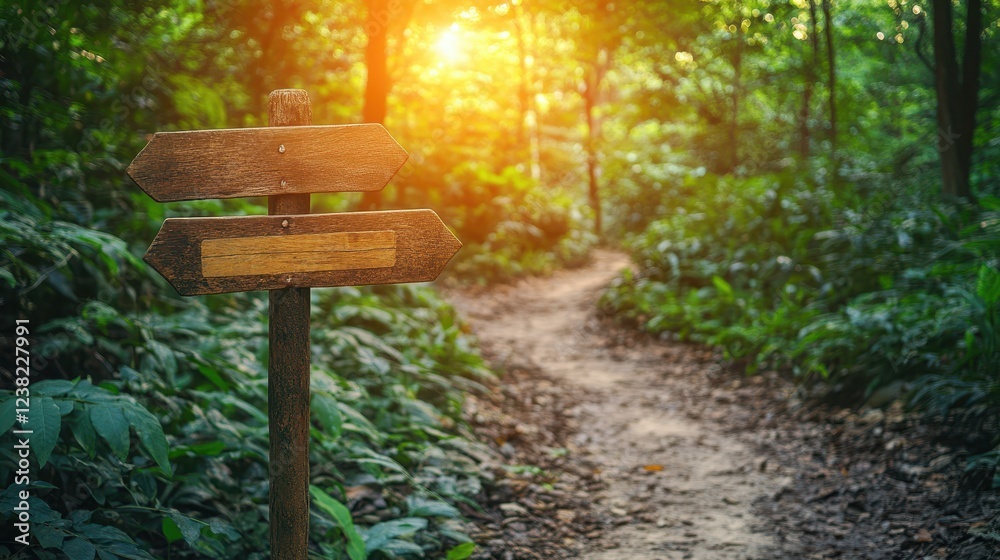 Wooden signpost in a lush forest path. Ideal for travel, adventure, and nature concepts. Wooden signpost in a lush forest path. Ideal for travel, adventure, and nature concepts.