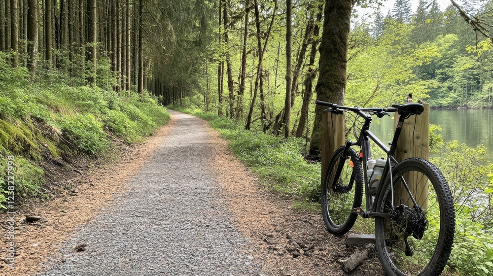 Mountain bike rests on trail beside lake. Perfect for travel, adventure, and nature themes. Mountain bike rests on trail beside lake. Perfect for travel, adventure, and nature themes.