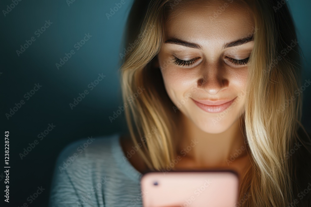 Close up view of a woman using an AI-powered mental health app in a dimly lit room focused on promoting emotional well-being and self-care Close up view of a woman using an AI-powered mental health app in a dimly lit room focused on promoting emotional well-being and self-care
