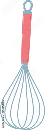 Metal hand whisk featuring a vibrant pink handle, serving as an essential kitchen utensil for effortlessly mixing ingredients during cooking or baking activities
