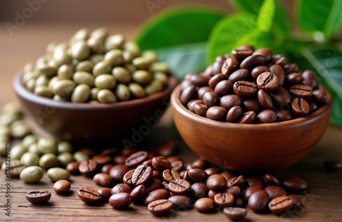 Close-up view of green unroasted, brown roasted coffee beans from African coffee producing regions like Ethiopia, Ivory Coast, Uganda, Kenya, Rwanda, Tanzania. Beans piled in wooden bowls. Natural, photo