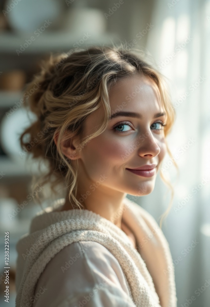 Caucasian young female with blonde hair smiling indoors in soft natural light Caucasian young female with blonde hair smiling indoors in soft natural light
