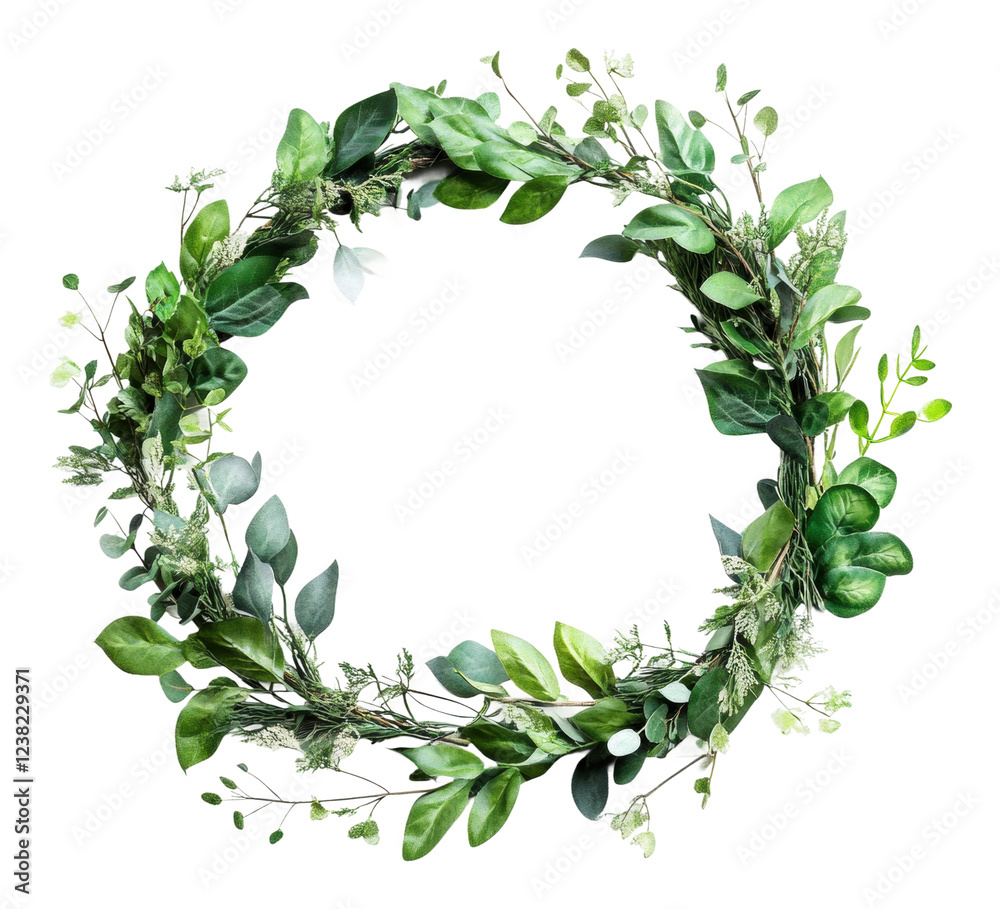 Fototapeta premium PNG Green wreath with varied leaves and blooms