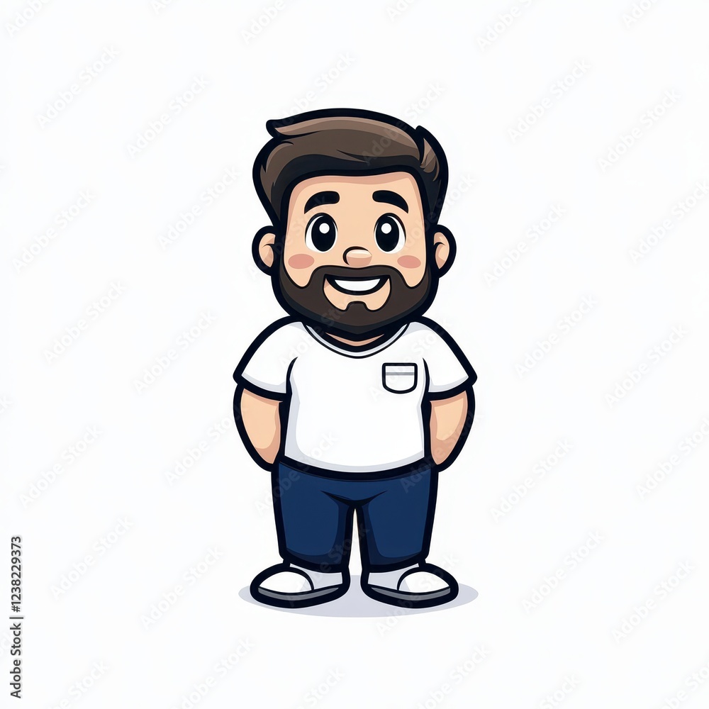 Cute cartoon mascot character design featuring a friendly bearded man in casual clothing with a big smile, ideal for branding and creative projects Cute cartoon mascot character design featuring a friendly bearded man in casual clothing with a big smile, ideal for branding and creative projects
