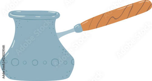 Metal cezve featuring a wooden handle and adorned with decorative circles is brewing rich Turkish coffee, filling the air with enticing aromas and warm steam
