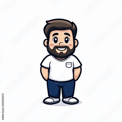 Cute cartoon mascot character design featuring a friendly bearded man in casual clothing with a big smile, ideal for branding and creative projects