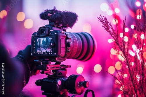 A photographer immediately adjusting their lens to capture a fleeting moment, with a breathtaking sunset in the background