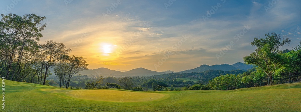 Obraz premium Golf teeing ground in golf course with sunrise background.