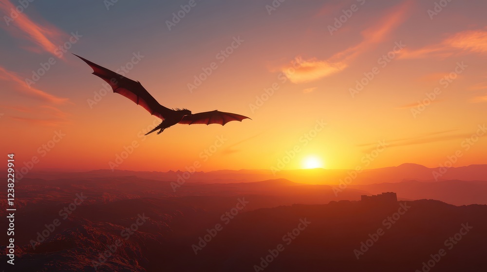 Fototapeta premium Majestic dragon soaring above the Acropolis at sunset with stunning colors illuminating the sky and landscape surrounding the ancient ruins