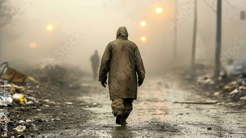 Solitary man traverses rainslicked street amidst urban debris and grimy reflections photo