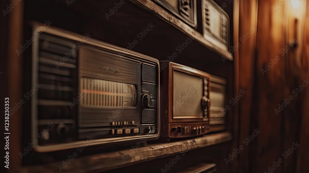Fototapeta premium A row of vintage radios on wooden shelves in a dimly lit antique shop