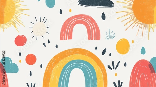 Rainbow sun rain pattern, kids' textile design