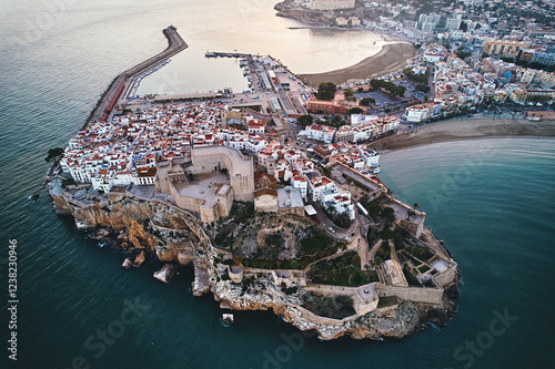 Breathtaking aerial view of Peníscola, historic coastal town in Spain at sunset