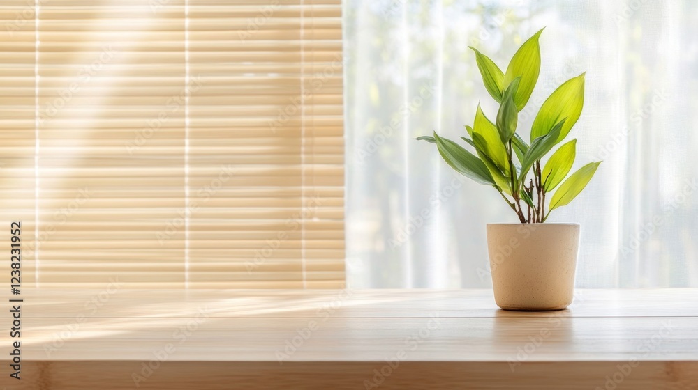 Serene Houseplant on Wooden Table near Window with Sunlight Streaming Through Bamboo Blinds Serene Houseplant on Wooden Table near Window with Sunlight Streaming Through Bamboo Blinds