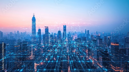 Wallpaper Mural Futuristic city with digital overlays revealing hidden structures beneath buildings Torontodigital.ca