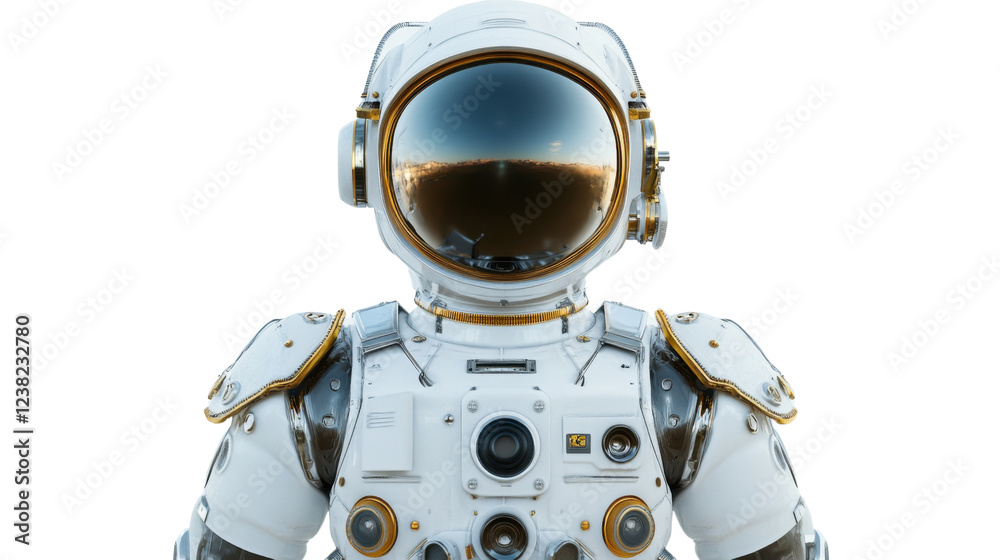 Astronaut wearing advanced spacesuit with gold accents on transparent background Astronaut wearing advanced spacesuit with gold accents on transparent background