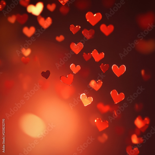 Soft focus red hearts floating in warm, glowing background