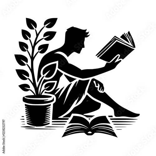 Silhouette of a Man Reading a Book, next to a Potted Plant: A Study in Relaxation and the Pursuit of Knowledge